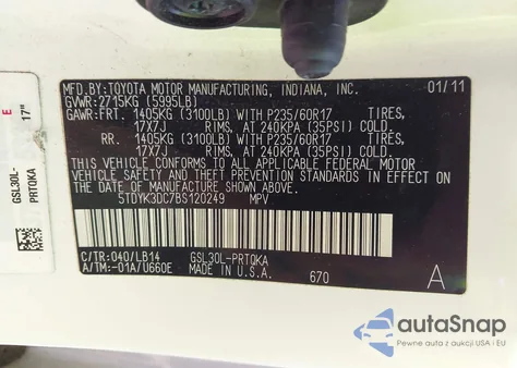 2011 Toyota Sienna Xle V6 z USA, uszkodzony, nr VIN 5TDYK3DC7BS120249